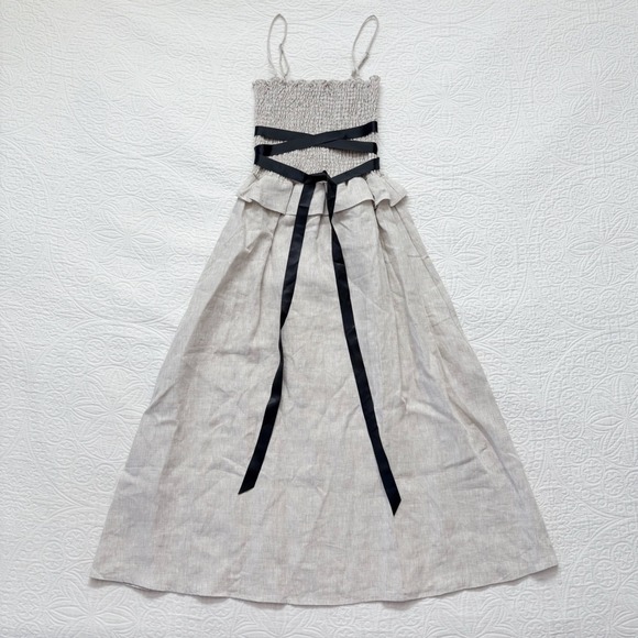 Reformation Miles Smocked Linen Midi Dress,‎ Oatmeal - Picture 2 of 6